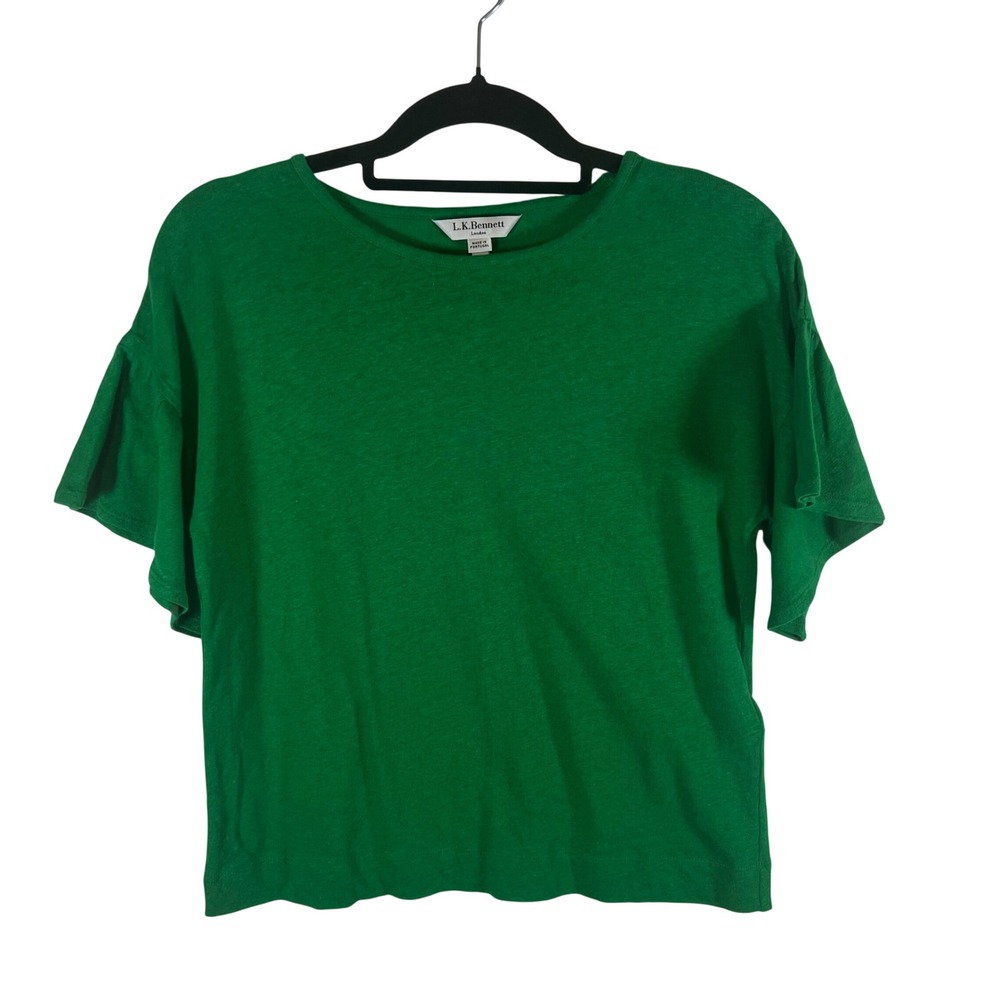 L.K. Bennett London TJ Gwyneth Fern Green Linen Cotton Flutter Sleeve Tee XS